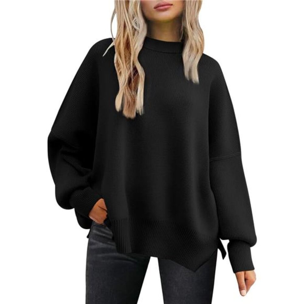 Womens Oversized Batwing Sweater Crewneck Knit Side Slit Pullover Fall Top